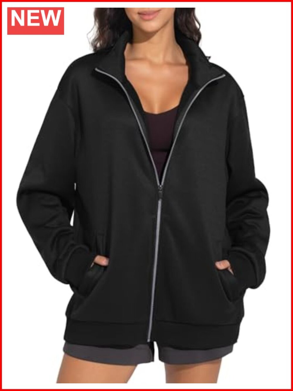 Oversized Fleece Zip Up Mock Neck Sweatshirt Jacket Long Sleeve Women's